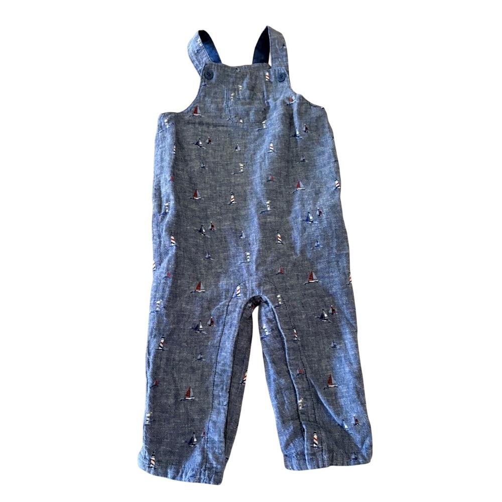 Janie and Jack Boys Nautical Sailboat Lighthouse Linen Overalls Blue 12-18M